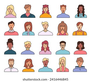 People avatars. Multiethnic human portraits. User profiles. Hand drawn style. Vector drawing. Collection of design elements.