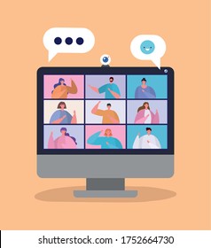 People avatars on computer in video chat with bubbles design, Call online conference and webcam theme Vector illustration