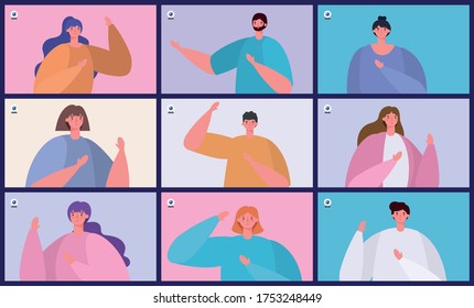 Avatares de personas en marcos de sitios web en diseño de videochat, conferencia en línea de llamadas y tema de webcam Ilustración vectorial