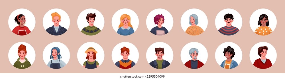 People avatars. Persons face in circle, employee portraits for business team, divorce man and woman, user head. User profile picture. Round icons vector tidy cartoon flat contemporary characters