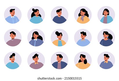 People avatars, round icons with faces of male and female characters. Young men or women with black hair color, different portraits for social media and web design, isolated Line art flat vector set