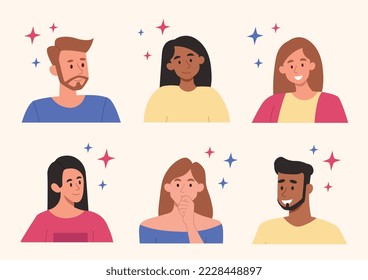 People avatars set. Collection of stickers for social networks and messengers. Internet communication and interaction, diversity. Cartoon flat vector illustrations isolated on white background