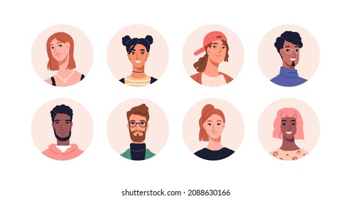 People avatars set. Diverse men and women head portraits. Happy users in circles. Different round face profiles with multiracial persons. Flat vector illustrations isolated on white background