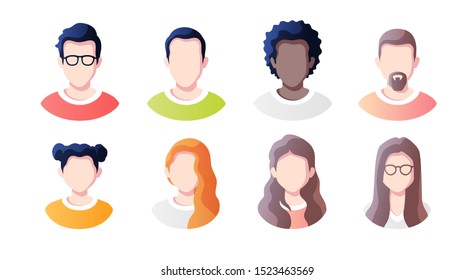 People avatars set isolated on a white background. Profile picture icons. Male and female faces. Cute cartoon modern simple design. Beautiful colorful template. Flat style vector illustration.