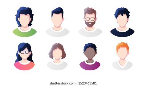 People avatars set isolated on a white background. Profile picture icons. Male and female faces. Cute cartoon modern simple design. Beautiful colorful template. Flat style vector illustration.