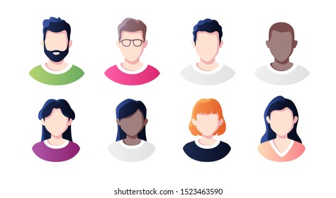 People avatars set isolated on a white background. Profile picture icons. Male and female faces. Cute cartoon modern simple design. Beautiful colorful template. Flat style vector illustration.