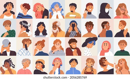 People avatars set. Modern head portraits of diverse men, women, girl and boy faces with expressive emotions, different facial expressions, moods and characters. Colored flat vector illustrations