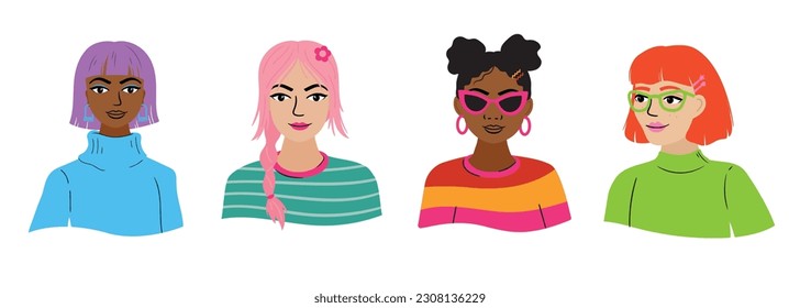 People avatars. Set of modern young women, girls, design avatar icons. Vector illustrations for social media and networking, user profile, website and app design and development.