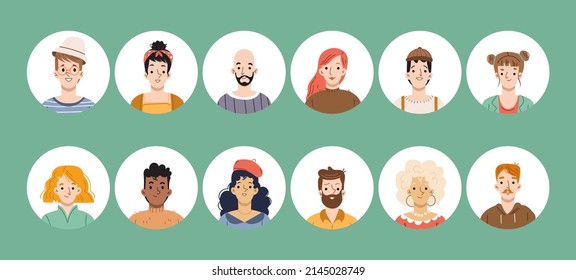 People avatars for social media profile. Vector flat illustration of set of men and women faces, diverse person heads with different hairstyle in circle frame. Portraits of female and male characters