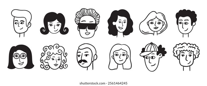 people avatars for social media, website doodle hand drawn icon set. Outline drawing trendy portraits girls and guys line clipart symbol collection. . Vector illustration