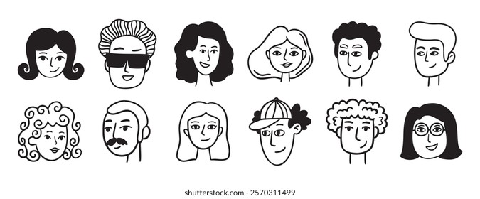 people avatars for social media, website doodle hand drawn icon set. Outline drawing trendy portraits girls and guys line clipart symbol collection. . Vector illustration