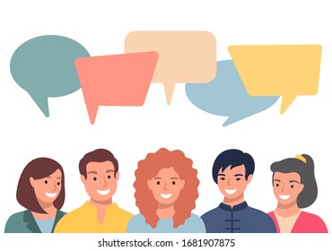 People avatars with speach bubbles. Men and woman communication, talking llustration. Coworkers, team, thinking, question, idea, brainstorm concept.