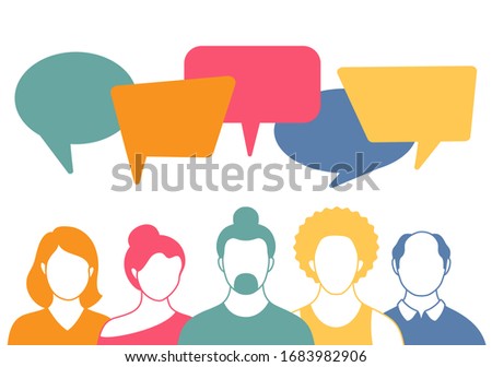 People avatars with speach bubbles. Men and woman communication, talking llustration. Coworkers, team, thinking, question, idea, brainstorm concept.