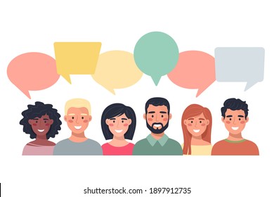 People avatars with speech bubbles. Communication of men and women, talking illustration. Team, conference, work, feedback. Vector illustration in flat style.