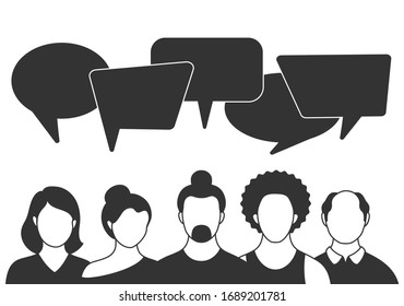 People avatars with speech bubbles. Men and woman communication, talking llustration. Coworkers, team, thinking, question, idea, brainstorm concept.