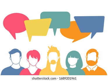 People avatars with speech bubbles. Men and woman communication, talking llustration. Coworkers, team, thinking, question, idea, brainstorm concept.