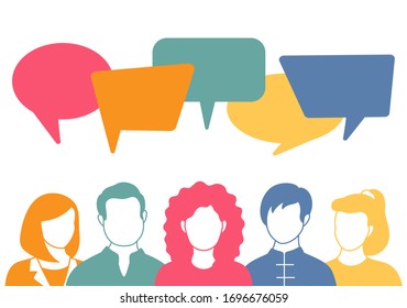 People avatars with speech bubbles. Men and woman communication, talking llustration. Coworkers, team, thinking, question, idea, brainstorm concept.