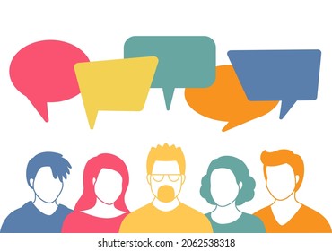 People avatars with speech bubbles. Men and woman communication, talking llustration. Coworkers, team, thinking, question, idea, brainstorm concept.