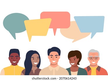 La gente avatares con burbujas de habla. Comunicación de hombres y mujeres, depuración de palabras. Trabajadores, equipo, pensamiento, pregunta, idea, concepto de lluvia de ideas.