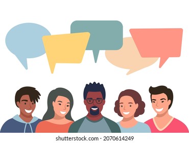 People avatars with speech bubbles. Men and woman communication, talking llustration. Coworkers, team, thinking, question, idea, brainstorm concept.