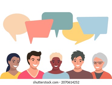 People avatars with speech bubbles. Men and woman communication, talking llustration. Coworkers, team, thinking, question, idea, brainstorm concept.