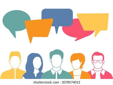 People avatars with speech bubbles. Men and woman communication, talking llustration. Coworkers, team, thinking, question, idea, brainstorm concept.