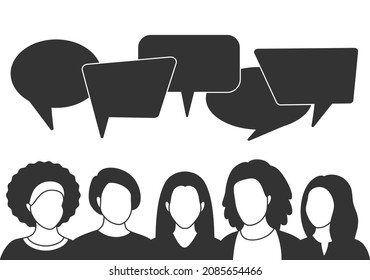 People avatars with speech bubbles. Men and woman communication, talking llustration. Coworkers, team, thinking, question, idea, brainstorm concept.