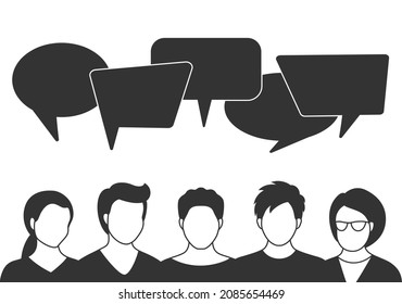 People avatars with speech bubbles. Men and woman communication, talking llustration. Coworkers, team, thinking, question, idea, brainstorm concept.