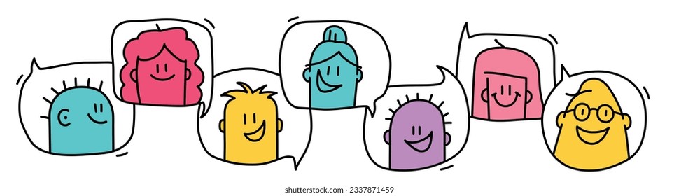 People avatars with speech bubbles. Stick figure. Doodle style. Vector illustration.