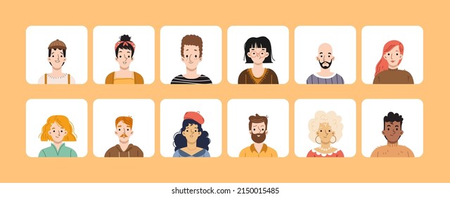 People avatars, square icons set with faces of young, mature and senior male or female characters. Diverse men or women of different nationalities, hair color and ages, Linear flat vector portraits