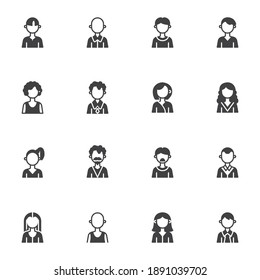 Conjunto de iconos vectoriales de avatares de la gente, colección moderna de símbolos sólidos, paquete de pictogramas estilo relleno. Señales, ilustración del logotipo. El juego incluye íconos como escolares y niñas, mujeres, hombres, estudiantes, profesores