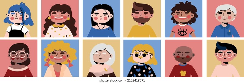 Menschen Avatar Vektorgrafik Set. verschiedene menschliche Gesichtssymbole. Kollektion von Benutzerbildern. Alter, ethnische Zugehörigkeit, Geschlecht und Hautfarbe. multikulturelle Gemeinschaft. Männer und Frauen