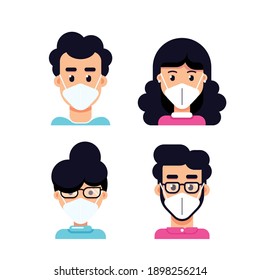 People Avatars Wearing Face Mask, Set of Flat Style Vector Icons