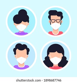 People Avatars Wearing Face Mask, Set of Flat Style Vector Icons
