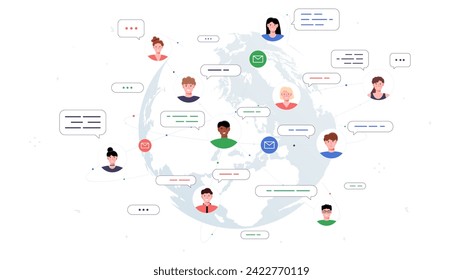 People avatars at world globe concept. Men and women communicate in social networks and messengers. Communication on internet. Cartoon flat vector illustration isolated on white background