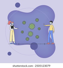 Personas para evitar los contactos cercanos. Hombre y mujer con mascarillas médicas protectoras, manteniendo la distancia social. Ilustración vectorial para el brote, prevención de la propagación del coronavirus, concepto de epidemia