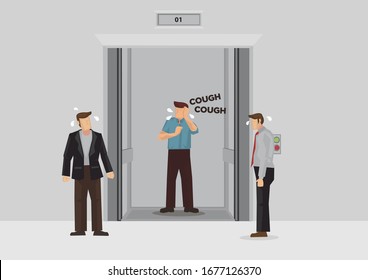 People Avoiding To Enter The Lift When Someone Who Is Coughing. Concept Of Coronavirus Outbreak Or Pandemic. Vector Illustration.