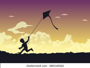 People avtivity and life scene of a boy is running to play his kite happily around the wonderful clouds