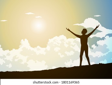 People avtivity and life scene of standing of meadow and rasing hands that show hopeful of the man