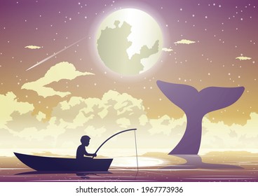 People avtivity and life scene of tha boy is sitting to fishing on boat while whale tail over sea surface