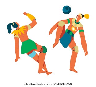 People from aztec, inca or mayan culture wearing traditional clothes and ornaments playing football. Tournament and championship, beginning of game. Players throwing ball. Vector in flat style