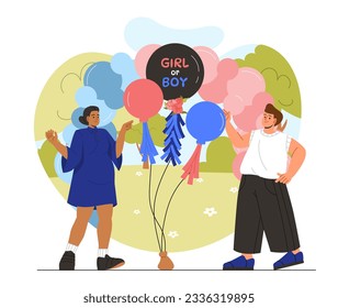 People at baby shower party concept. Man and woman holding colorful balloons. Young couple expecting boy or girl. Gender reveal greeting postcard. Cartoon flat vector illustration