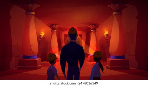 People back in abandoned egypt corridor background. Family explore underground ancient temple hall with torch fire and column fantasy game illustration. Symmetry old history museum room interior