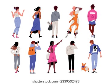 La gente de atrás en la vista trasera. Diversos personajes dieron la espalda con ropas casuales. Jóvenes hombres y mujeres de detrás del gesto y de ondear las manos. Colección vectorial plana de dibujos animados aislada en fondo blanco