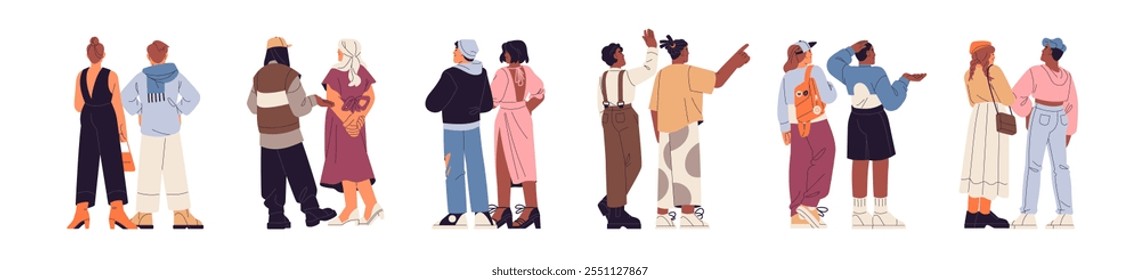 Conjunto de vista lateral trasera de Personas. Diversas parejas de pie juntas en la parte trasera. Amigos, hombres, mujeres saludando, señalando con el dedo, las manos haciendo gestos detrás. Ilustraciones vectoriales aisladas planas sobre fondo blanco