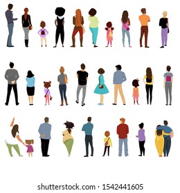 people back. view of people and children behind. a set of vectors. people of different nationalities
