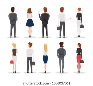 People back view flat vector illustrations set. Office workers gesturing cartoon characters isolated on white background. Elegant men and women, businesspeople in formal dress code rear view.