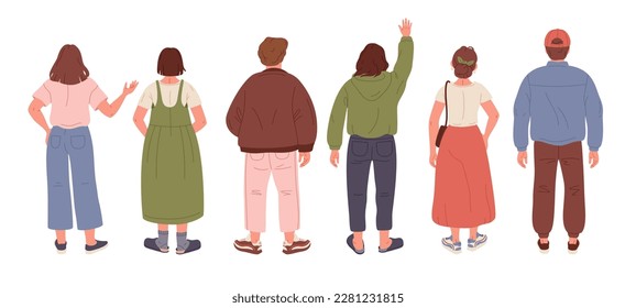 People back view. Male and female characters from behind, fashionable men and women back side position flat vector Illustration set. Human turned back