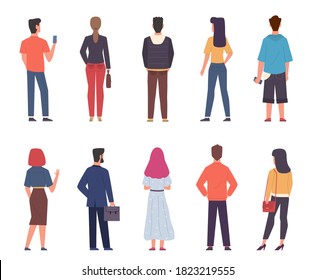 People back view. Men, women in modern casual clothes standing together in various poses set, male and female persons from back side with phones and bags collection. Flat isolated vector characters