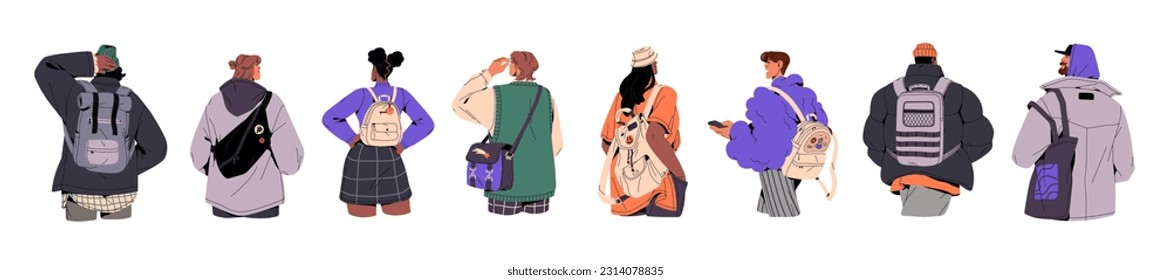 People back view, standing with backpacks, bags, tote set. Characters with rucksacks from behind, backside. Men, women with hand baggage. Flat graphic vector illustration isolated on white background